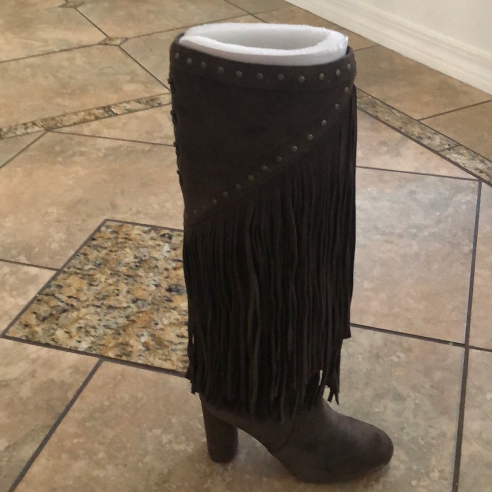 NIB grayish brown fringe knee boots